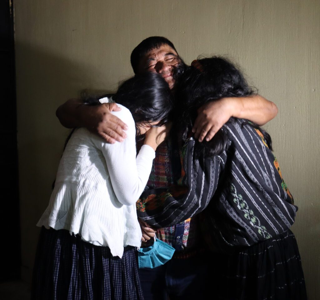 Bernardo Caal Xol with his family after his release from the penitentiary centre in Cobán, Guatemala after more than four years of imprisonment.