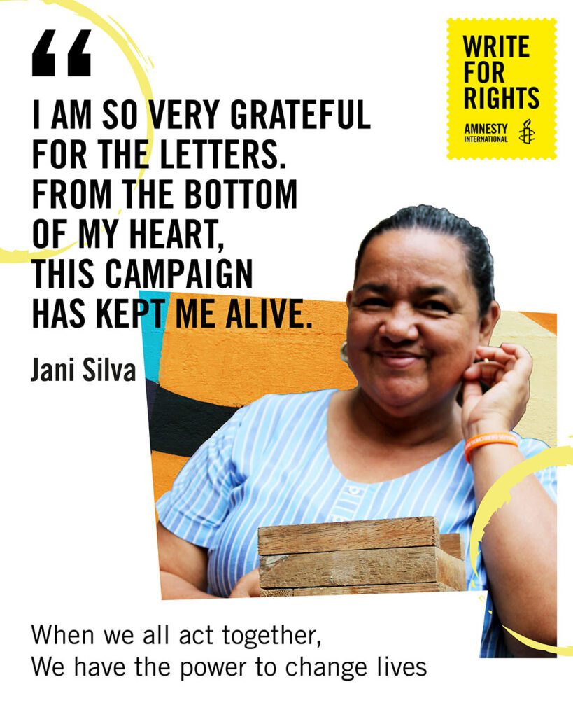 An image of Jani Silva with a quote that says "I am so very grateful for the letters. From the bottom of my heart, this campaign kept me alive".